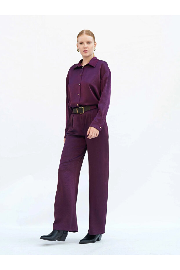 Women's Plum Crinkle Textured Satin Shirt Classic Collar Long Sleeve Buttoned