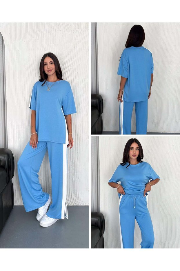 Modal Striped Slit Detailed Trousers T-Shirt Set