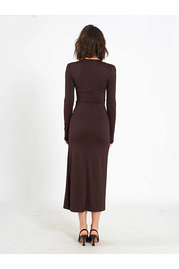 Women's Brown Front Draped Accessory Detailed Slit Long Sleeve Midi Dress