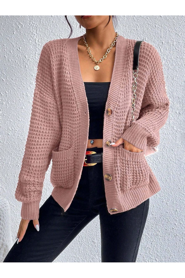 Women's V-Neck Buttoned Knitwear Cardigan with Pockets Long Sleeve Casual Knitted Cardigan