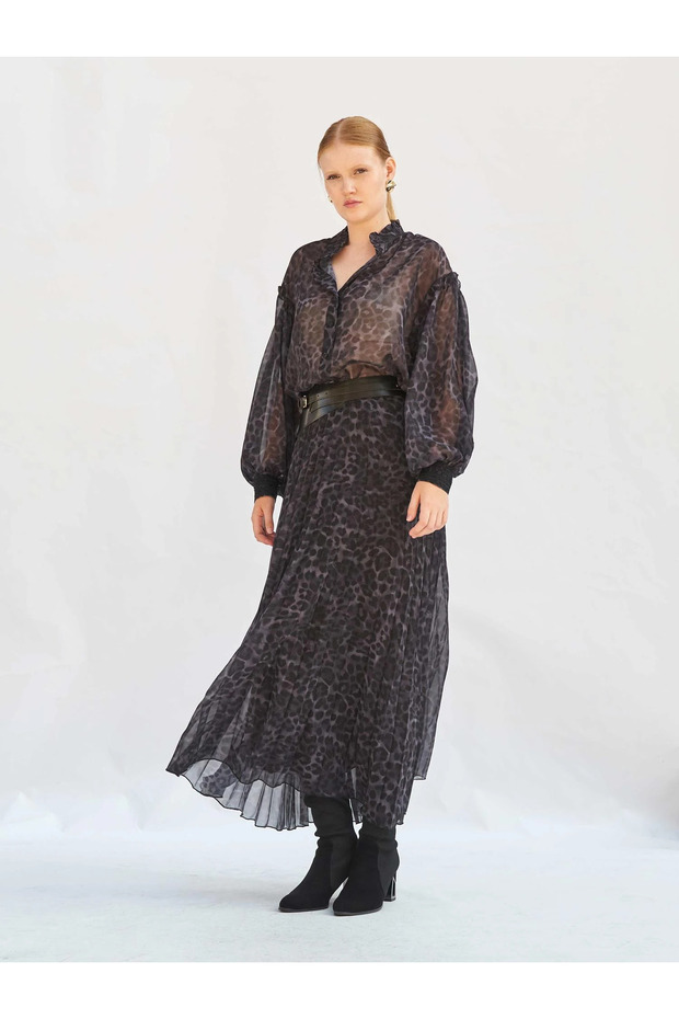 Women's Black Leopard Patterned Pleated Long Woven Skirt Autumn Winter