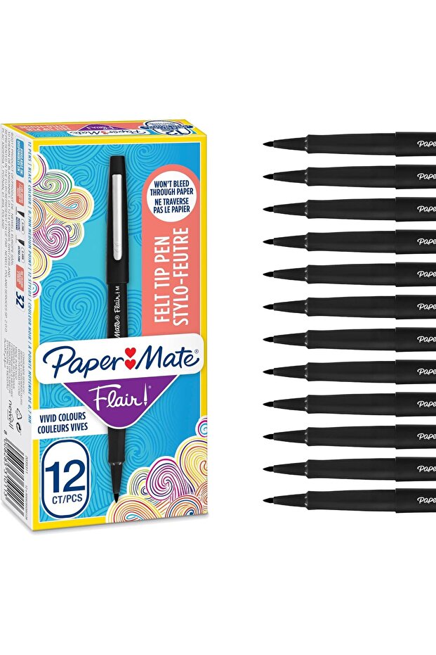 Paper Mate Flair Original - Pack of 12 Fine Tip Pens - Medium Thickness - Black