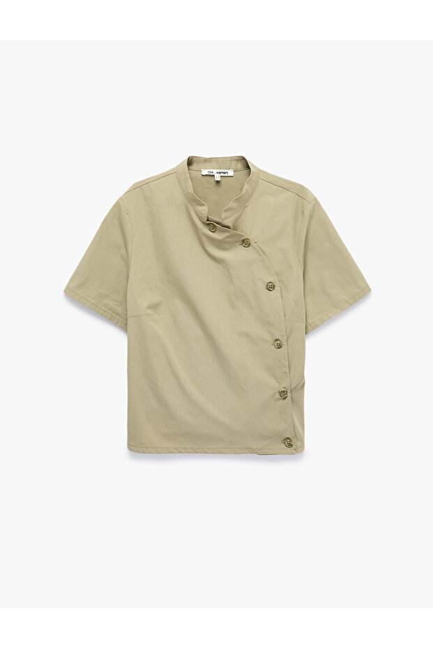 Cotton Buttoned Off-Shoulder High-Neck Short-Sleeved Shirt