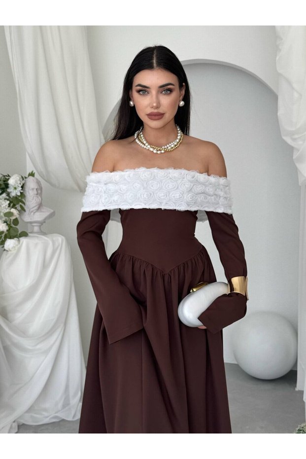 Women's Coffee Color Off-The-Shoulder Floral Appliqué Long Sleeve Midi Evening Dress