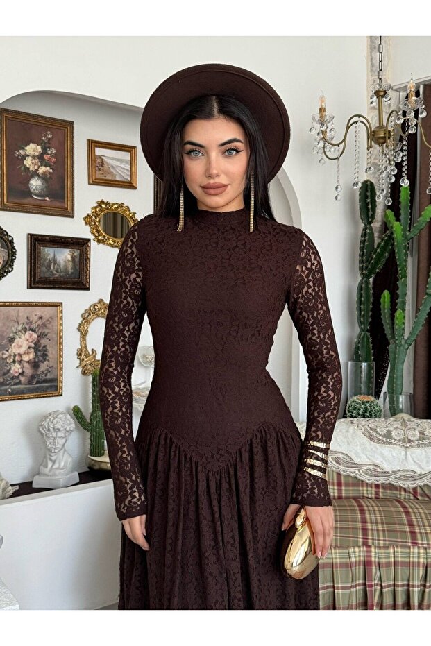 Women's Coffee Color Lace Midi Dress High Neck Long Sleeve Gathered Flared Cut