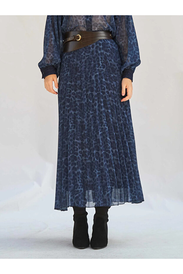 Women's Navy Blue Leopard Patterned Pleated Long Woven Skirt Autumn Winter