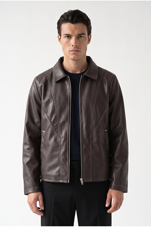 Men's Fur Lined Regular Fit Leather Jacket with Stitching Detail