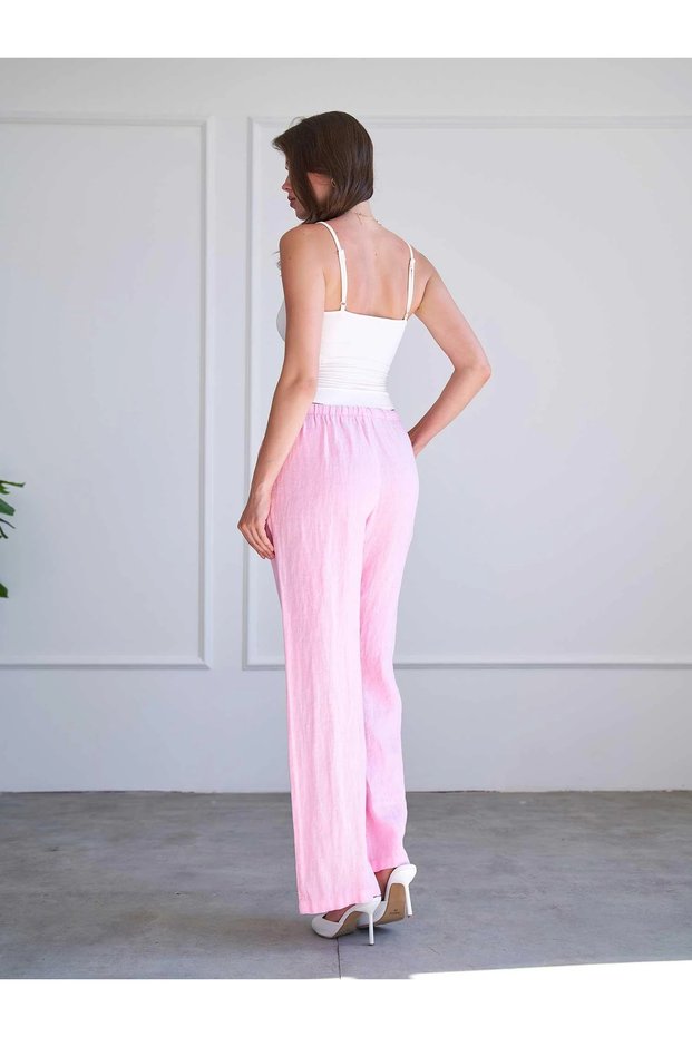 Women's Pink Linen Trousers with Elastic Waist, Lace-Up, Side Pockets, Straight Leg, Summer Style