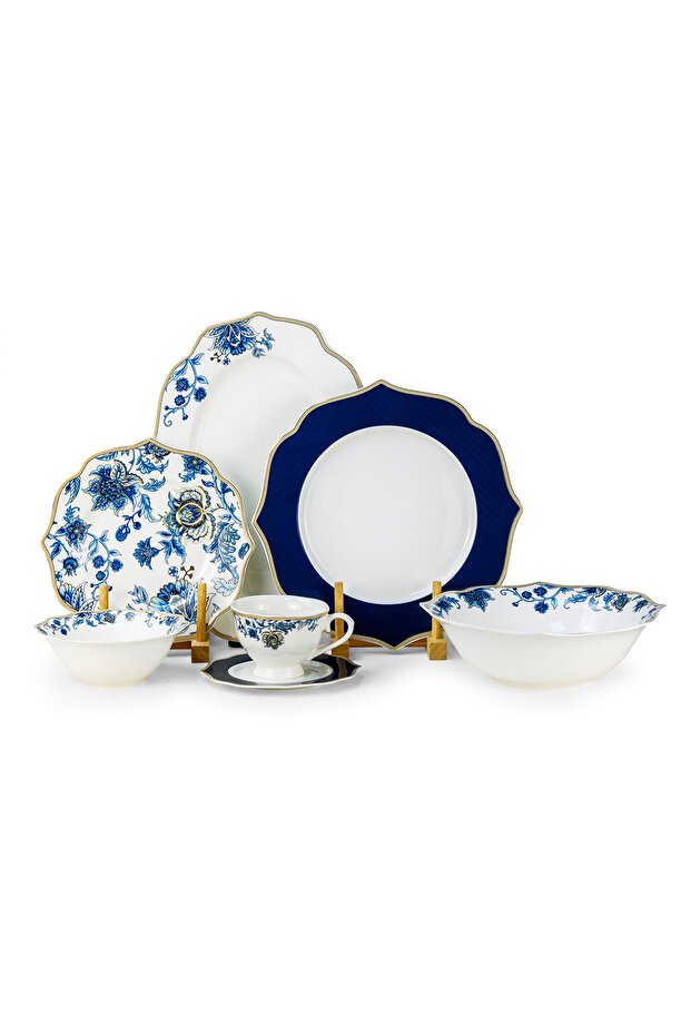 ROSY 32 Pc New Bone China Dinner Set for 6 Persons - White with Blue Floral Pattern