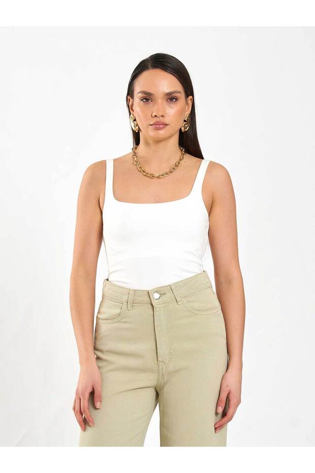 Women's Ecru Sleeveless Square Neck Thick Strap Slim Fit Viscose Blended Body Blouse