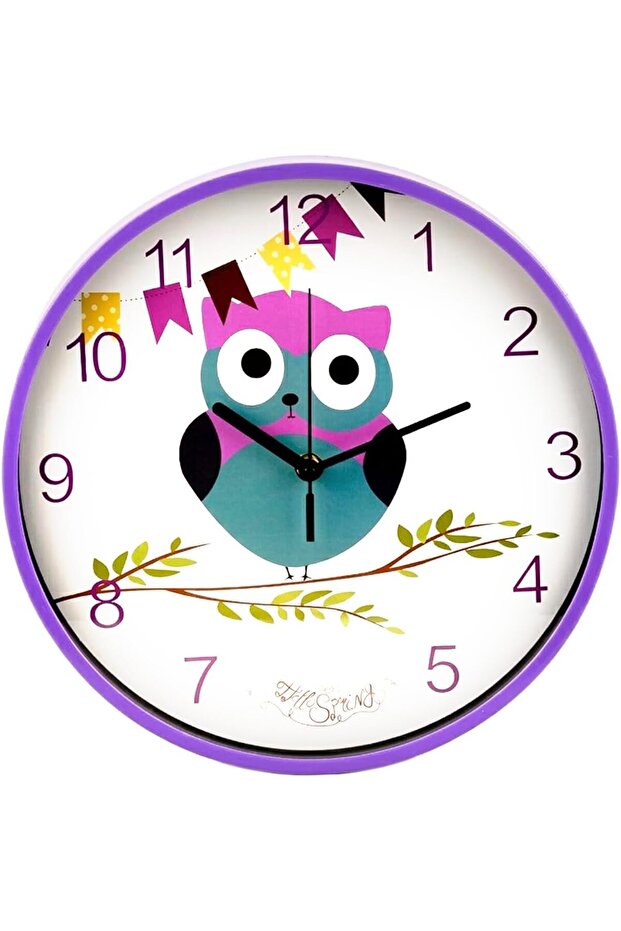 30cm Kids Owl Wall Clock – Silent Non-Ticking Sweep Movement–Large 12-Inch Purple Frame