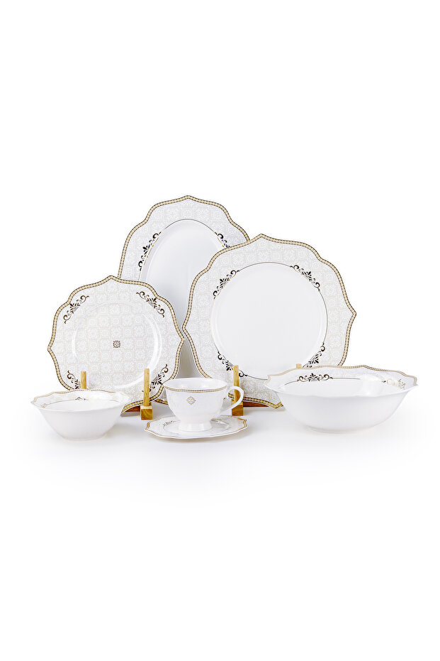 ZENA 32 Pc New Bone China Dinner Set for 6 Persons – White with Gold Border