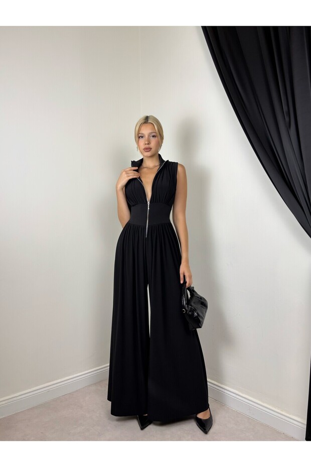Women's Black Jumpsuit with High Collar, Zipper, Gathered Waist, Wide Legs, Long