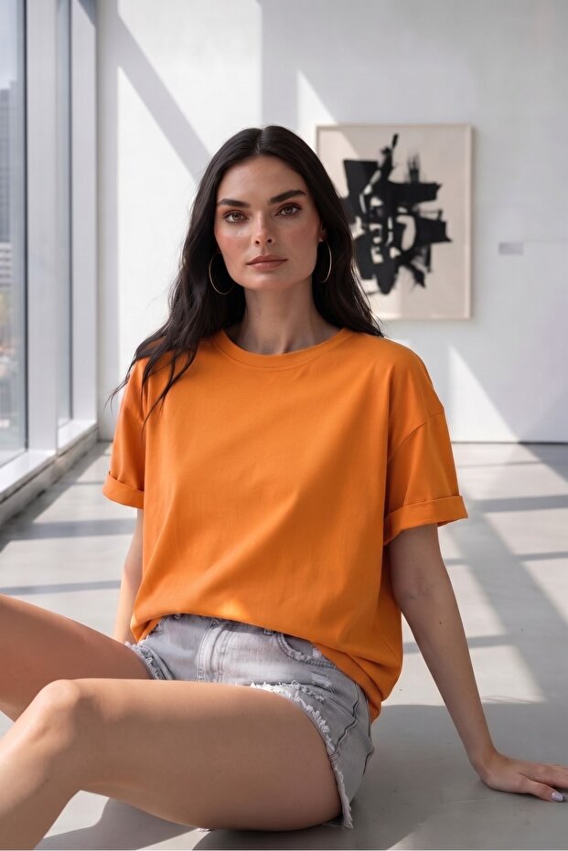 Women's Orange Plain Combed Cotton Oversize T-Shirt