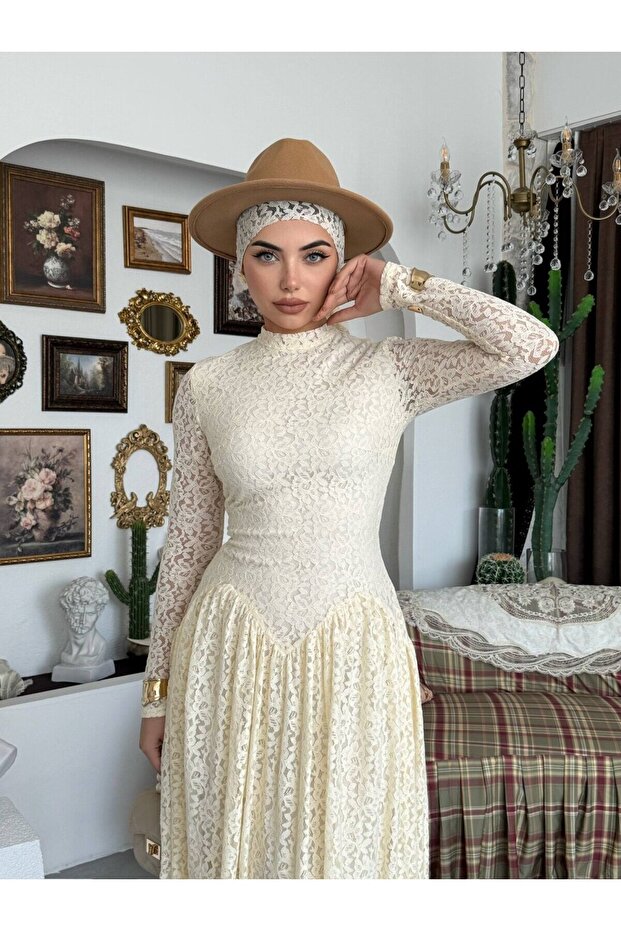 Women's Beige Lace Midi Dress High Neck Long Sleeve Gathered Flared Cut