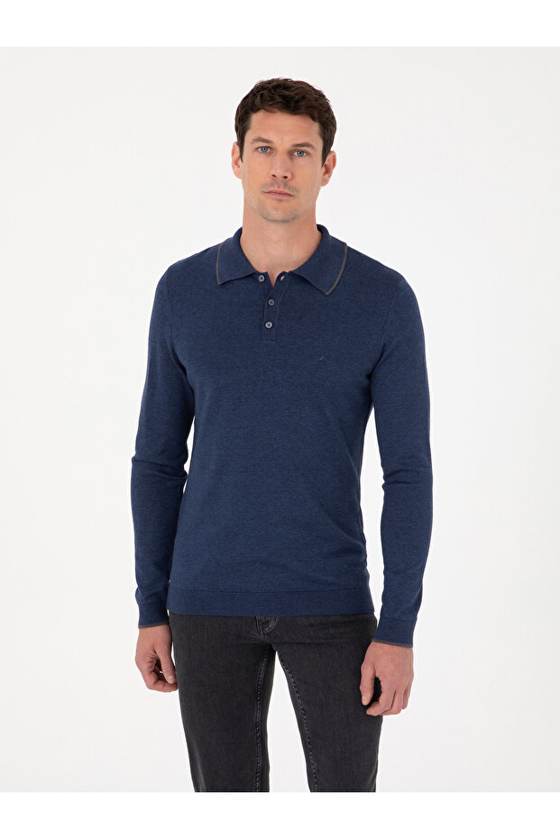 Indigo Slim Fit Cotton Blend Polo Collar Knit Sweater 50318712-Vr028
