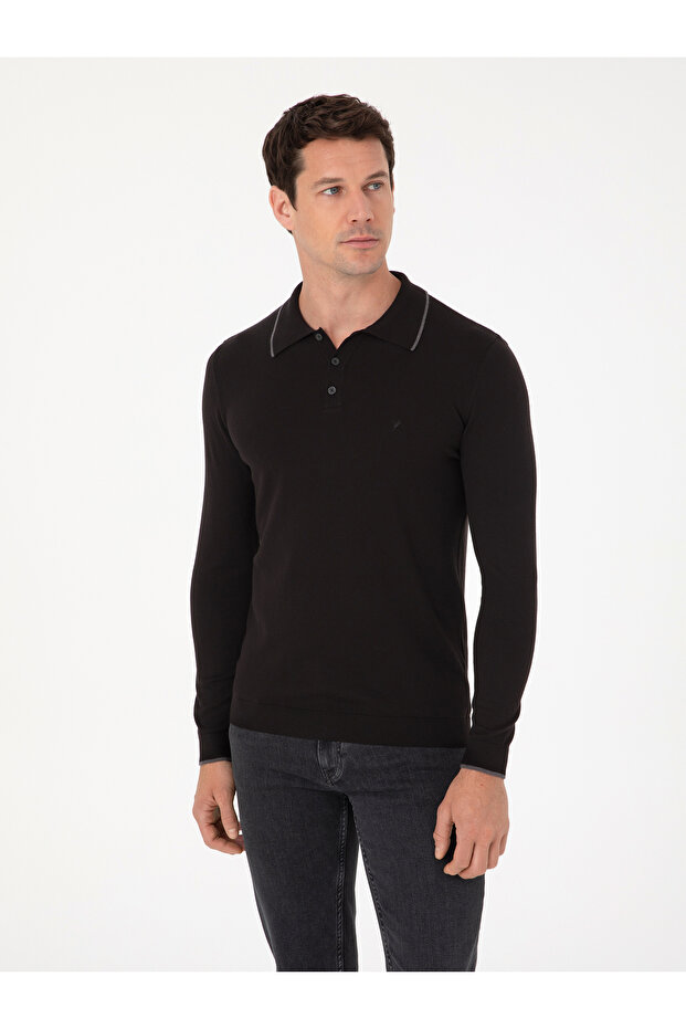 Black Slim Fit Cotton Blend Polo Collar Knit Sweater 50318712-Vr046