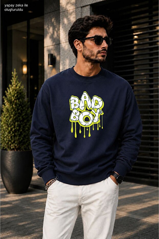 Men'Sbad Boy Graffiti Printed Cycling Round Neck Casual Sweatshirt