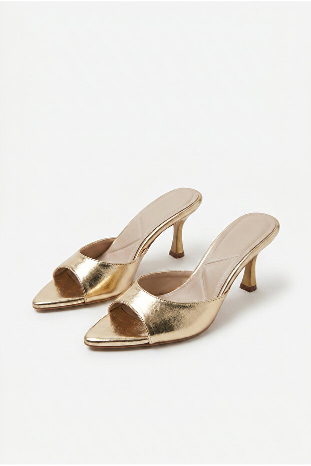 Women's Gold Patent Leather Open Toe Thin Heeled Slippers 50021013