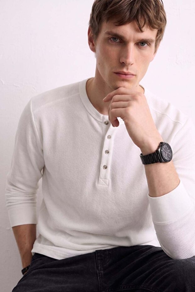 Men's Collared Long Sleeve T-Shirt - Ecru