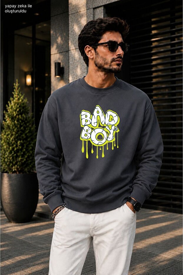 Men'Sbad Boy Graffiti Printed Cycling Round Neck Casual Sweatshirt