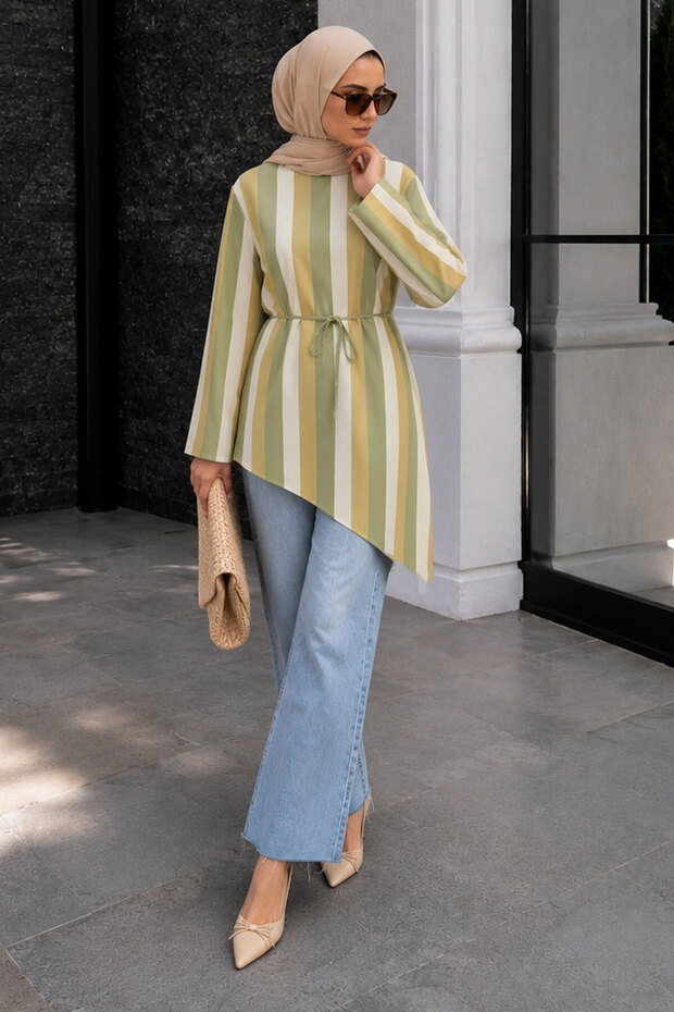 Vertical Stripe Detailed Asymmetrical Tunic Tsd260276 Green