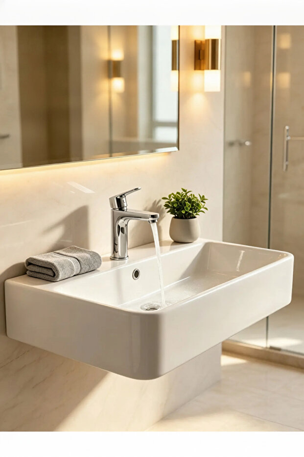 حوض غسيل سيراميك مستطيل طويل معلق على الحائط بنمط هندسي منقوش، 600×470×120 ملم، أبيض لامع نحيف للمنزل والفنادق والحمامات