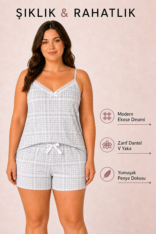 Women's Plus Size Rope Strap Collar Lace Trim Plaid Pattern Gray Summer Pajama Set