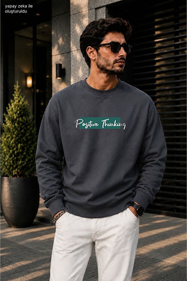 Men's Positive Thinking Printed Cycling Round Neck Casual Sweatshirt