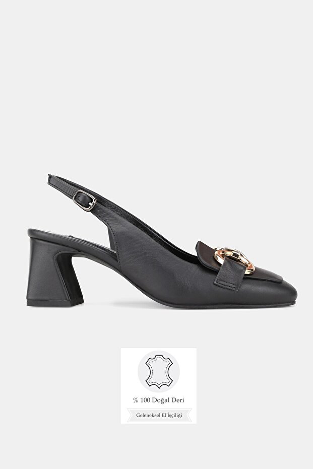 Women's Black Genuine Natural Leather Thick Heel Shoes with Open Back, Size 35-41