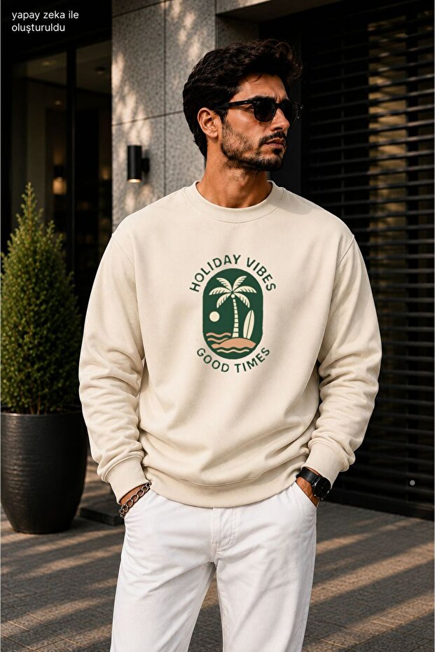 Men'Sbad Holiday Vibes Palm Tree Printed Cycling Round Neck Casual Sweatshirt