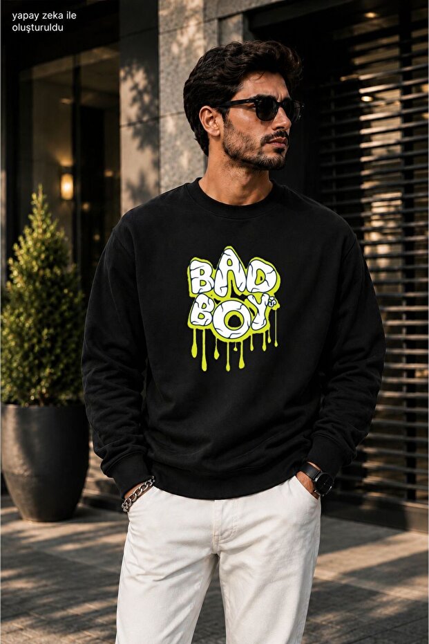 Men'Sbad Boy Graffiti Printed Cycling Round Neck Casual Sweatshirt