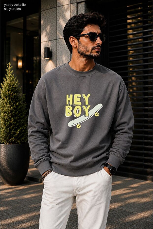 Men's Hey Boy Skateboard Printed Cycling Round Neck Casual Sweatshirt