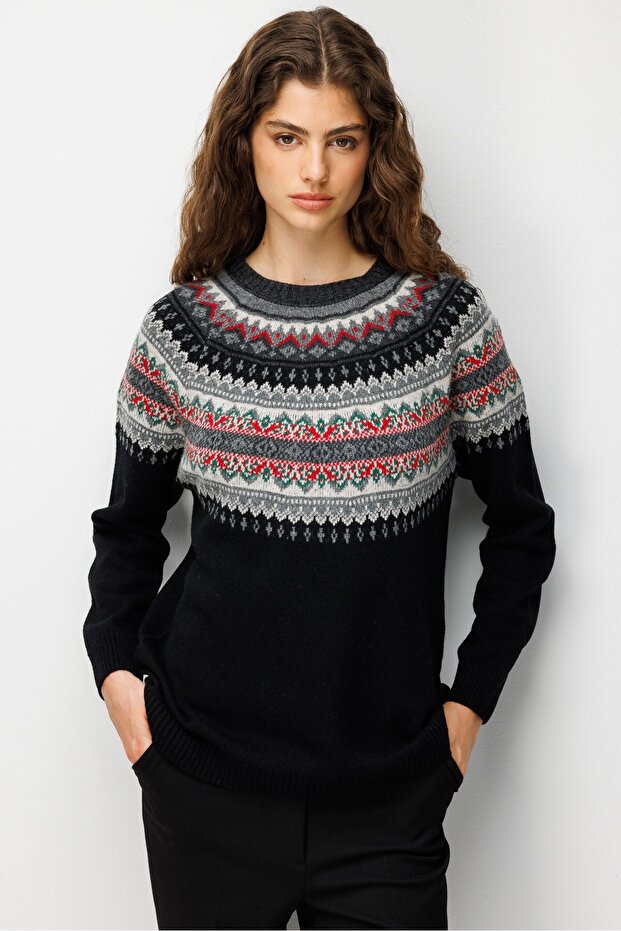 Women's Crew Neck Robe Jacquard Wool Sweater Black