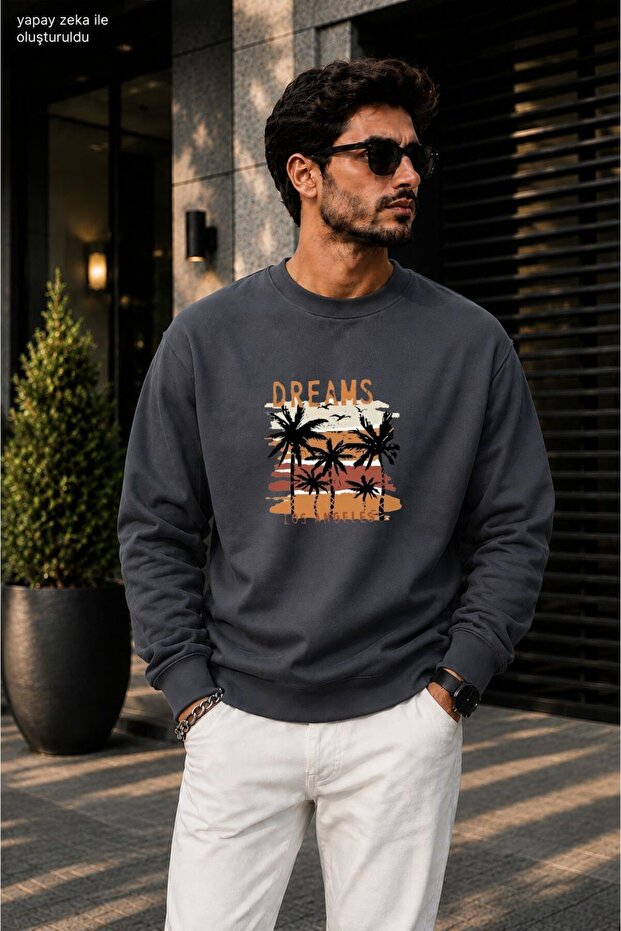 Men'Sbad Dreams Los Angeles Palm Tree Printed Cycling Round Neck Casual Sweatshirt