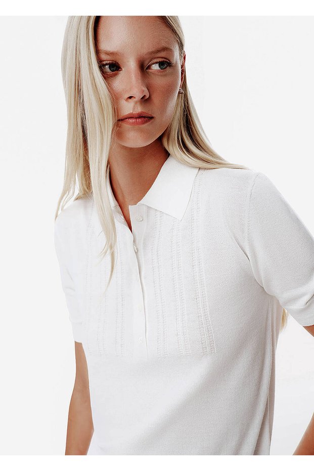 Fine Knit Mine Button Ecru Polo Knitwear Top