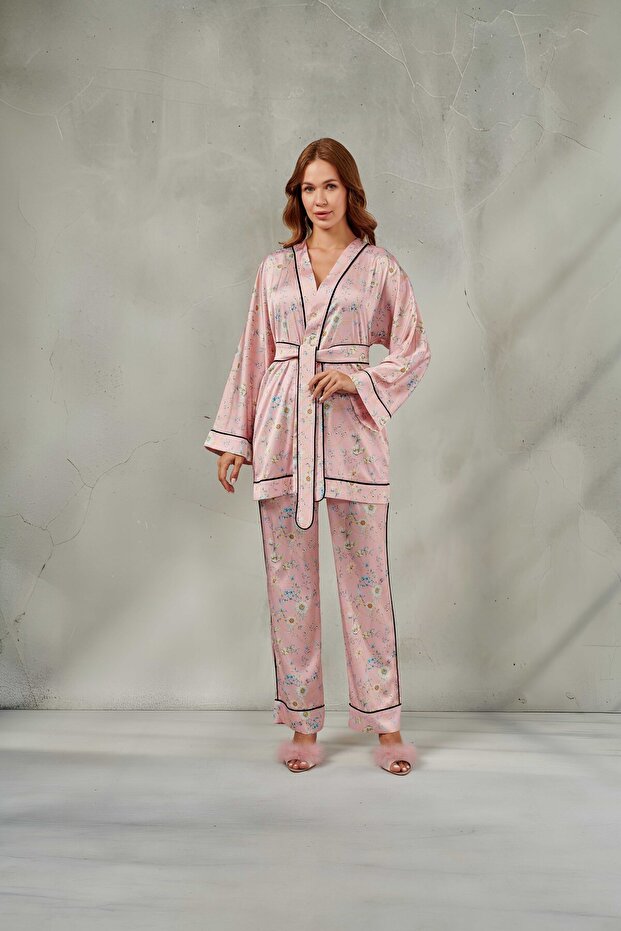 Women's Chain Patterned Satin Kimono Dressing Gown Pajama Set Verona & Belted Nightgown Set, Dowry Honeymoon