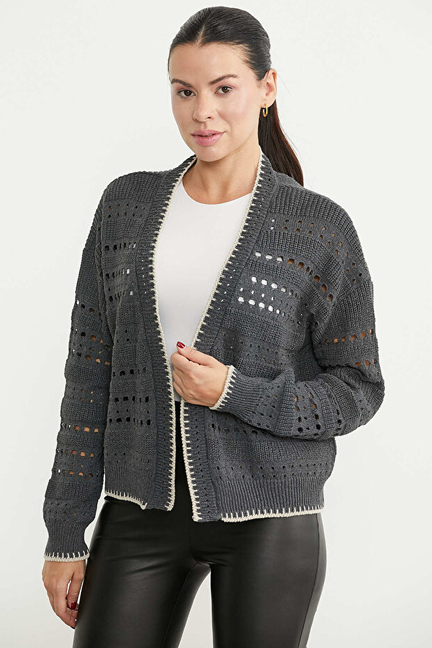 Perforated Motif Cotton Knitwear Cardigan - Smoked