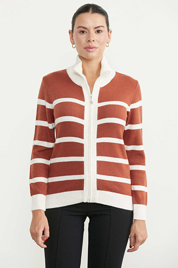 High Collar Zippered Knitwear Cardigan - Tan