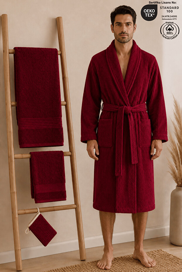 Eldy Men's Robe Set, 4 Pieces, 100% Cotton Certified Shawl Collar Striped Men's Robe Set - Burgundy