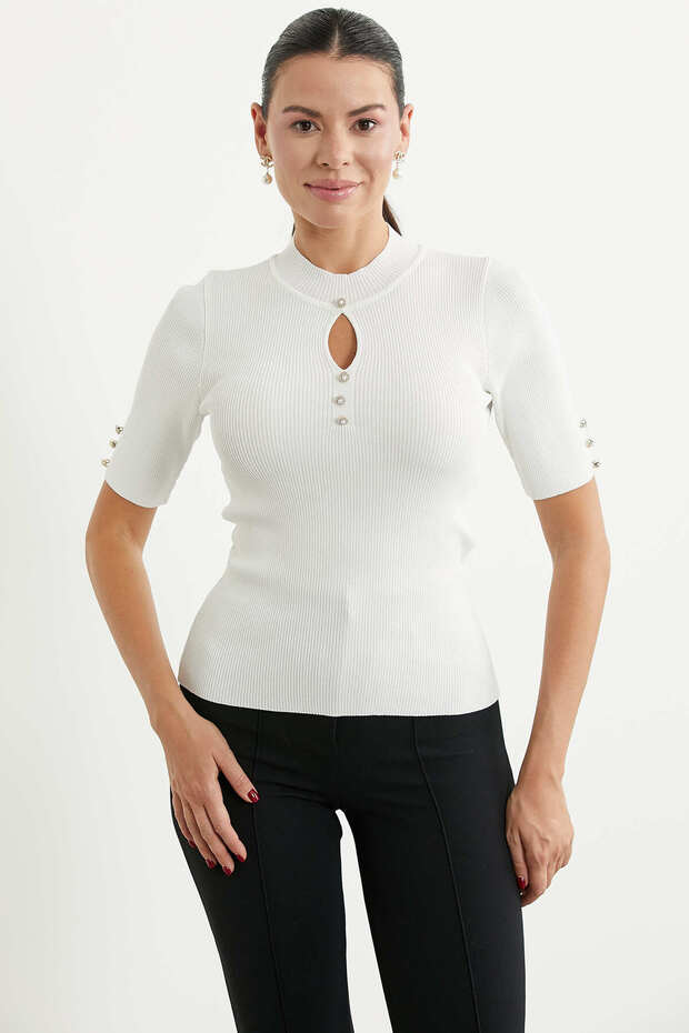 Drop Collar Short Sleeve Knitwear Sweater - Bone