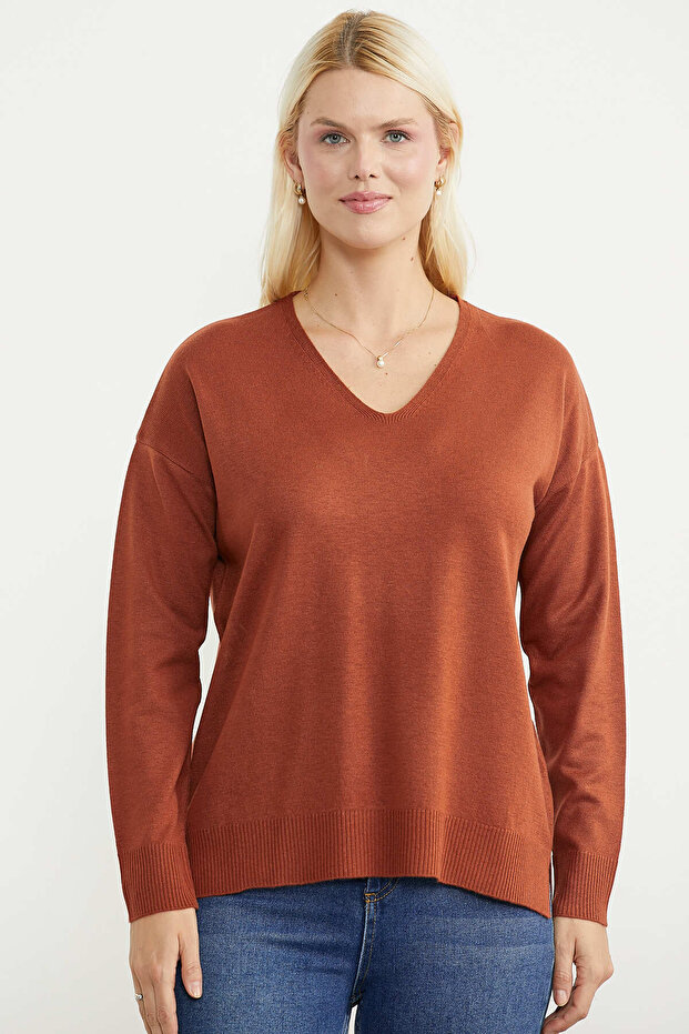 V-Neck Basic Knit Sweater - Tile