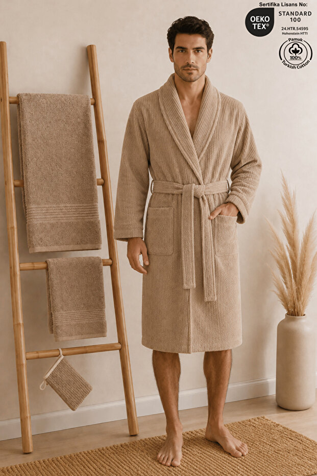 Eldy Men's Bathrobe Set, 4 Pieces, 100% Cotton Certified Shawl Collar Striped Men's Bathrobe Set - Beige