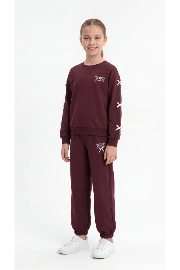 Friends Make the World Beautiful Printed Girls' Tracksuit Set with Bow and Elastic Cuffs
