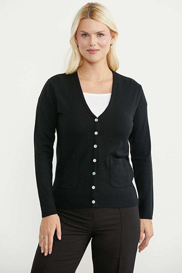 V-Neck Basic Knitwear Cardigan with Pockets - Black