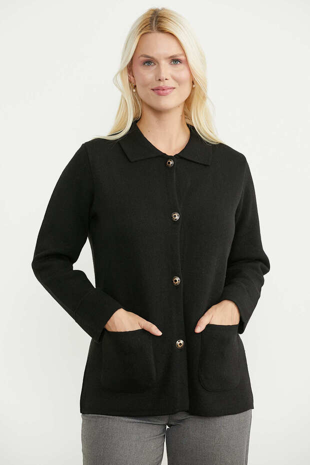 Thick Textured Wool Knitwear Jacket - Black