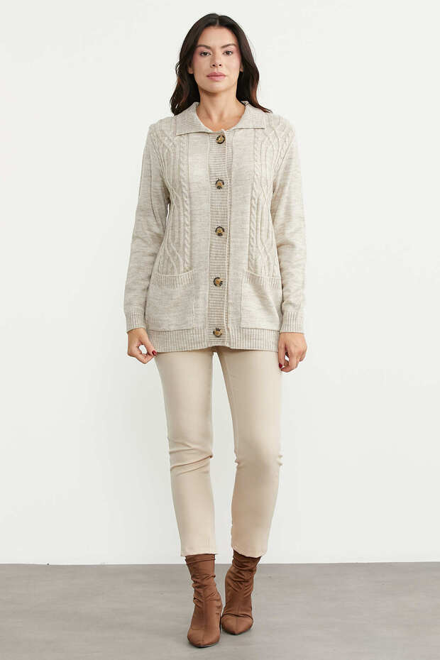Motif Detailed Knitwear Cardigan - Light Beige