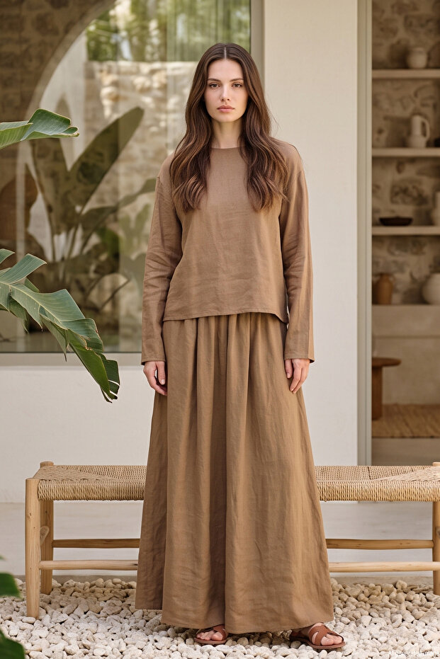 Linen Suit with Skirt and Sleeve Stitching Detail 4457 Brown