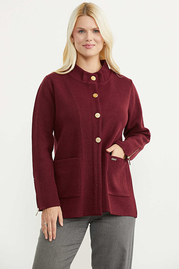 Woolen Stand Collar Knitwear Jacket - Burgundy