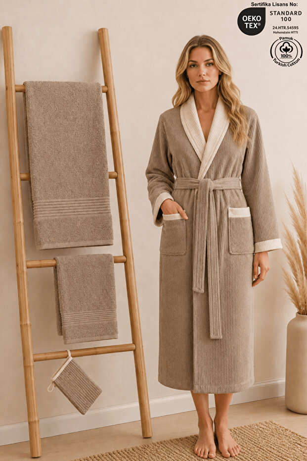 Eldy Kontrast Women's Robe Set, 4 Pieces, 100% Cotton Certified Shawl Stripe Robe Set - Beige